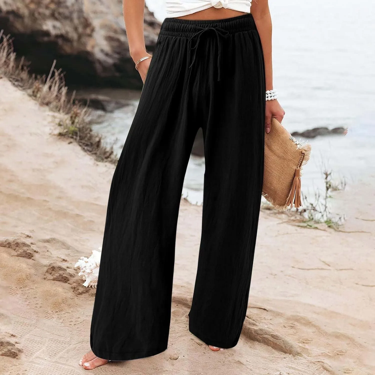 Resort Wear for Women 2025 Linen Pants Wide Leg Summer Casual Loose Pants High Waist Drawstring Pockets Beach Trousers