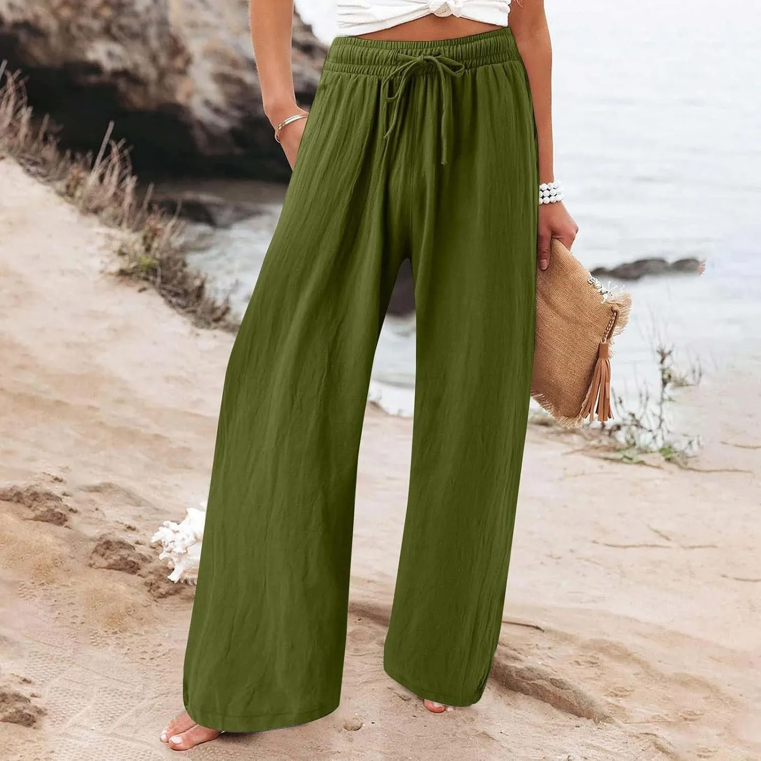 Resort Wear for Women 2025 Linen Pants Wide Leg Summer Casual Loose Pants High Waist Drawstring Pockets Beach Trousers