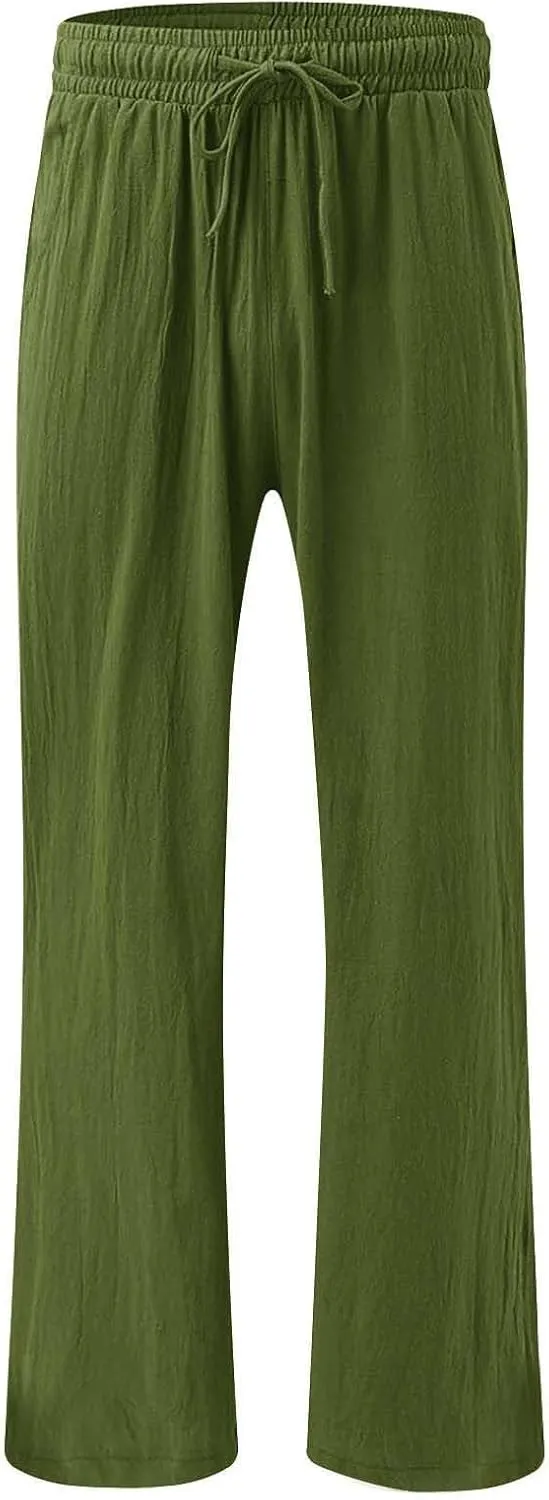 Resort Wear for Women 2025 Linen Pants Wide Leg Summer Casual Loose Pants High Waist Drawstring Pockets Beach Trousers