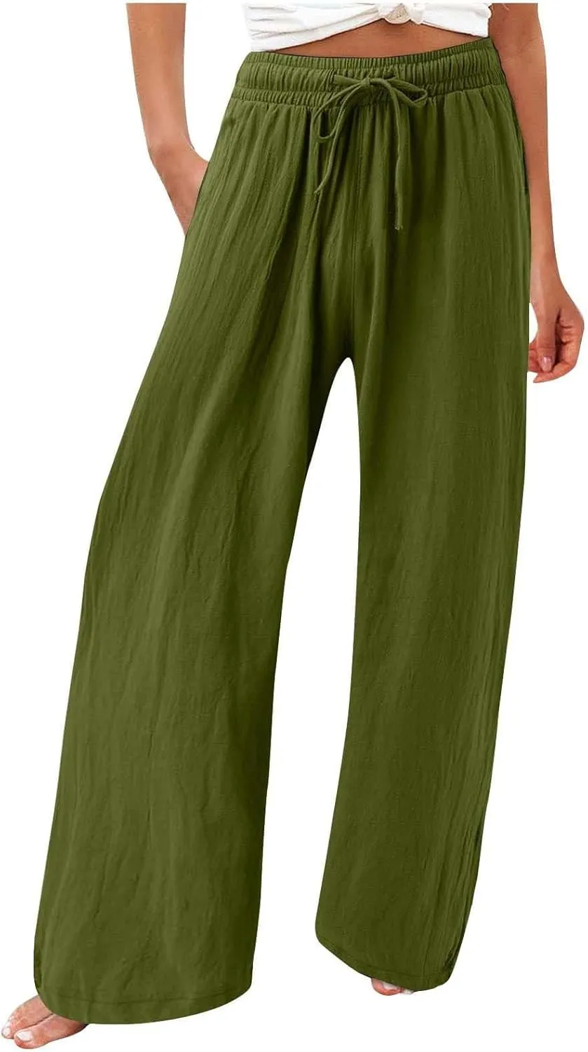 Resort Wear for Women 2025 Linen Pants Wide Leg Summer Casual Loose Pants High Waist Drawstring Pockets Beach Trousers