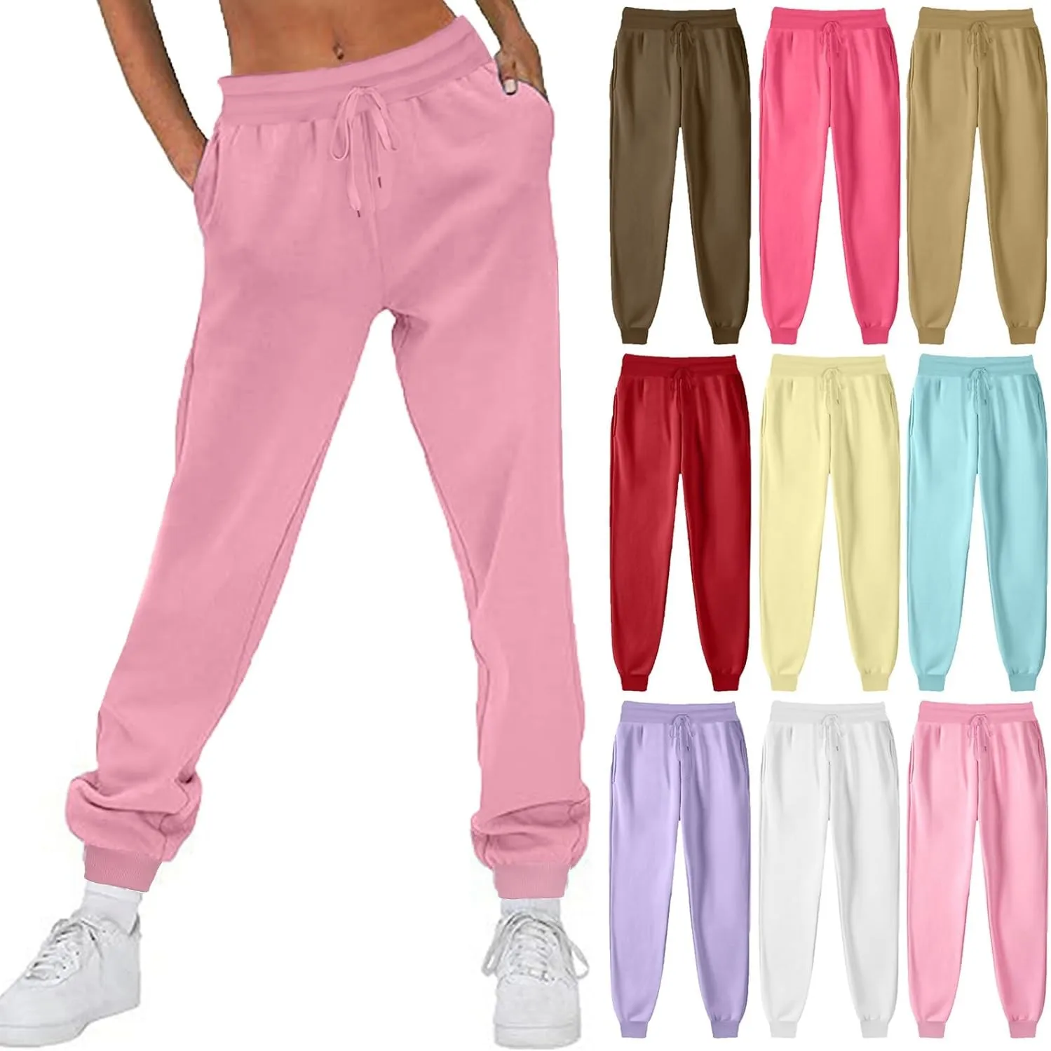Ruziyoog Women Jogger Pants with Pockets Drawstring High Waist Sweatpants Fleece Cinched Bottoms Cozy Lounge Trousers
