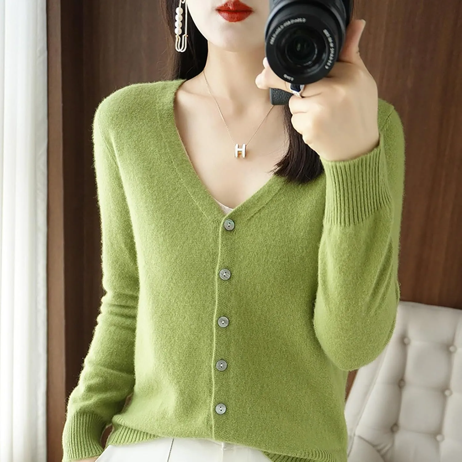 SHAOBGE Chunky Knitted Sweater Women's Spring and Autumn Leisure Loose Solid Long Sleeve V Chunky Oversized Sweaters for