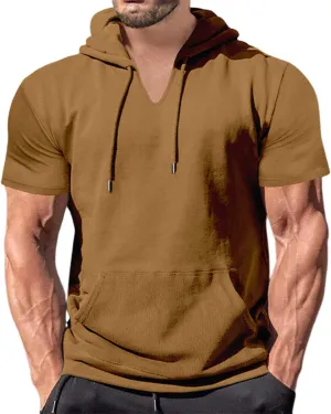 Short Sleeve Hoodies for Men Summer Tshirts Shirts Hooded with Pocket Lightweight V Neck Pullover Tops Cotton Tees