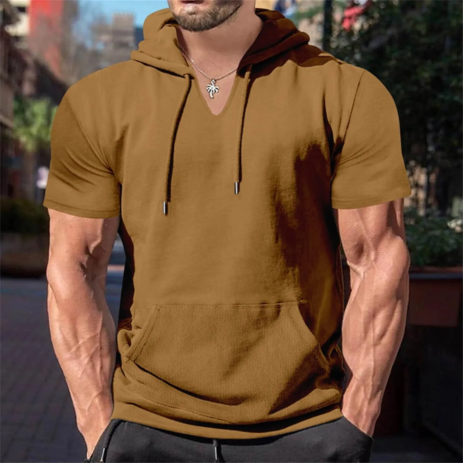 Short Sleeve Hoodies for Men Summer Tshirts Shirts Hooded with Pocket Lightweight V Neck Pullover Tops Cotton Tees