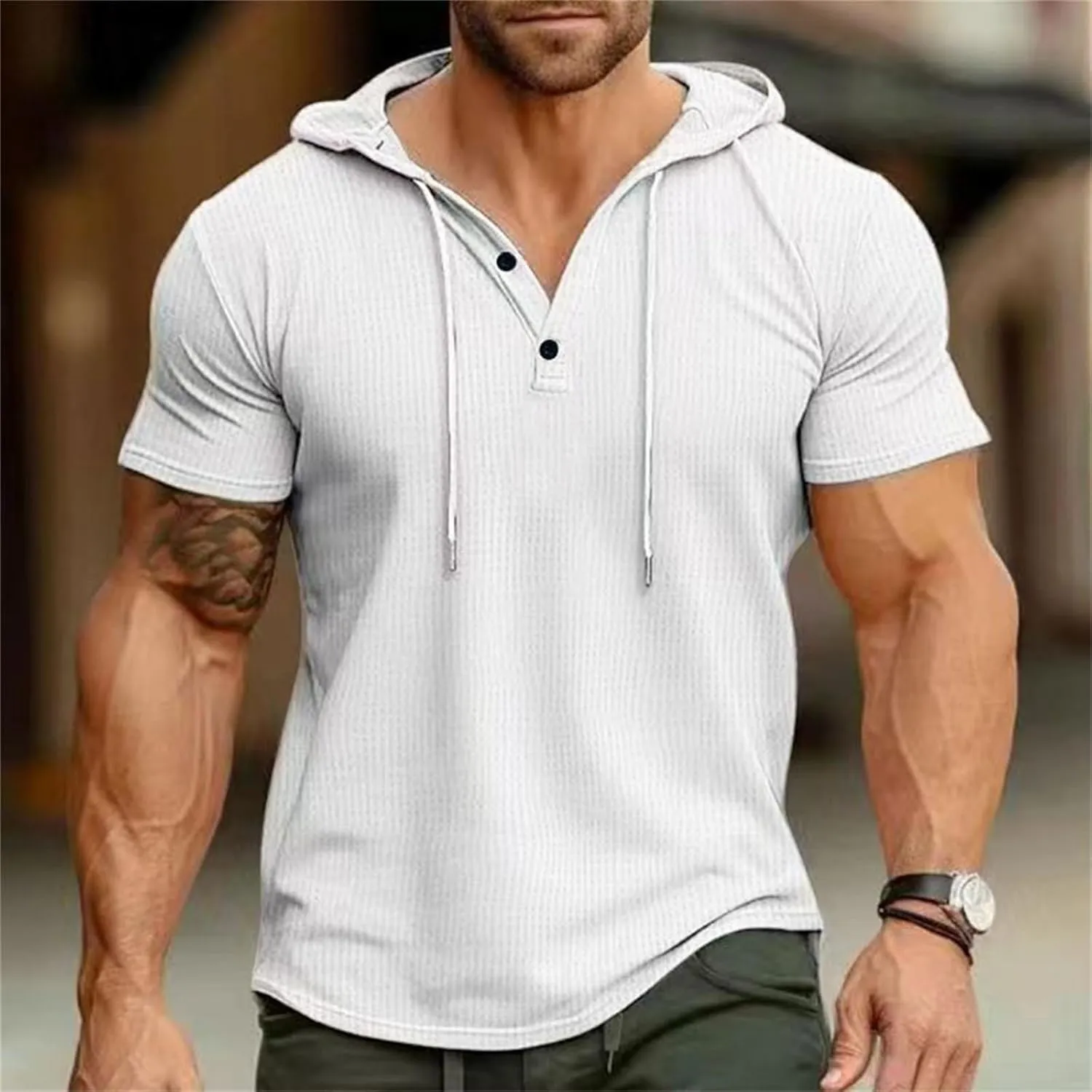 Short Sleeve Hoodies for Men Summer Waffle Tshirts Shirts Hooded Button Down Henley V Neck Pullover Tops Fashion Tees
