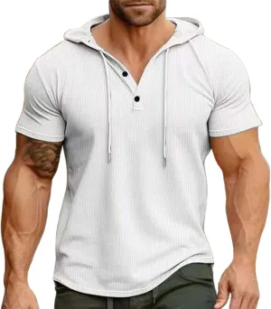 Short Sleeve Hoodies for Men Summer Waffle Tshirts Shirts Hooded Button Down Henley V Neck Pullover Tops Fashion Tees