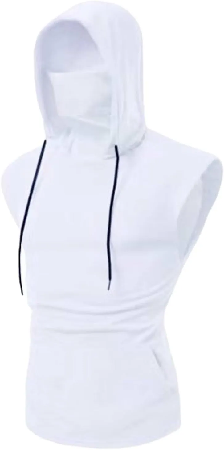 Sleeveless Hoodies for Men Summer Mask Tank Tops with Bulit in Neck Pocket Shirts Pullover Tops Gym Tees Fitness Vest