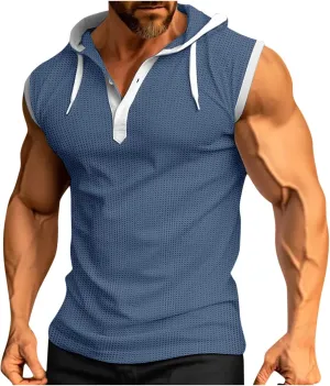 Sleeveless Waffle Knit T-Shirt for Men Trendy Workout Hooded Tank Tops Summer Fitness Button Hoodie Active Basic Tees