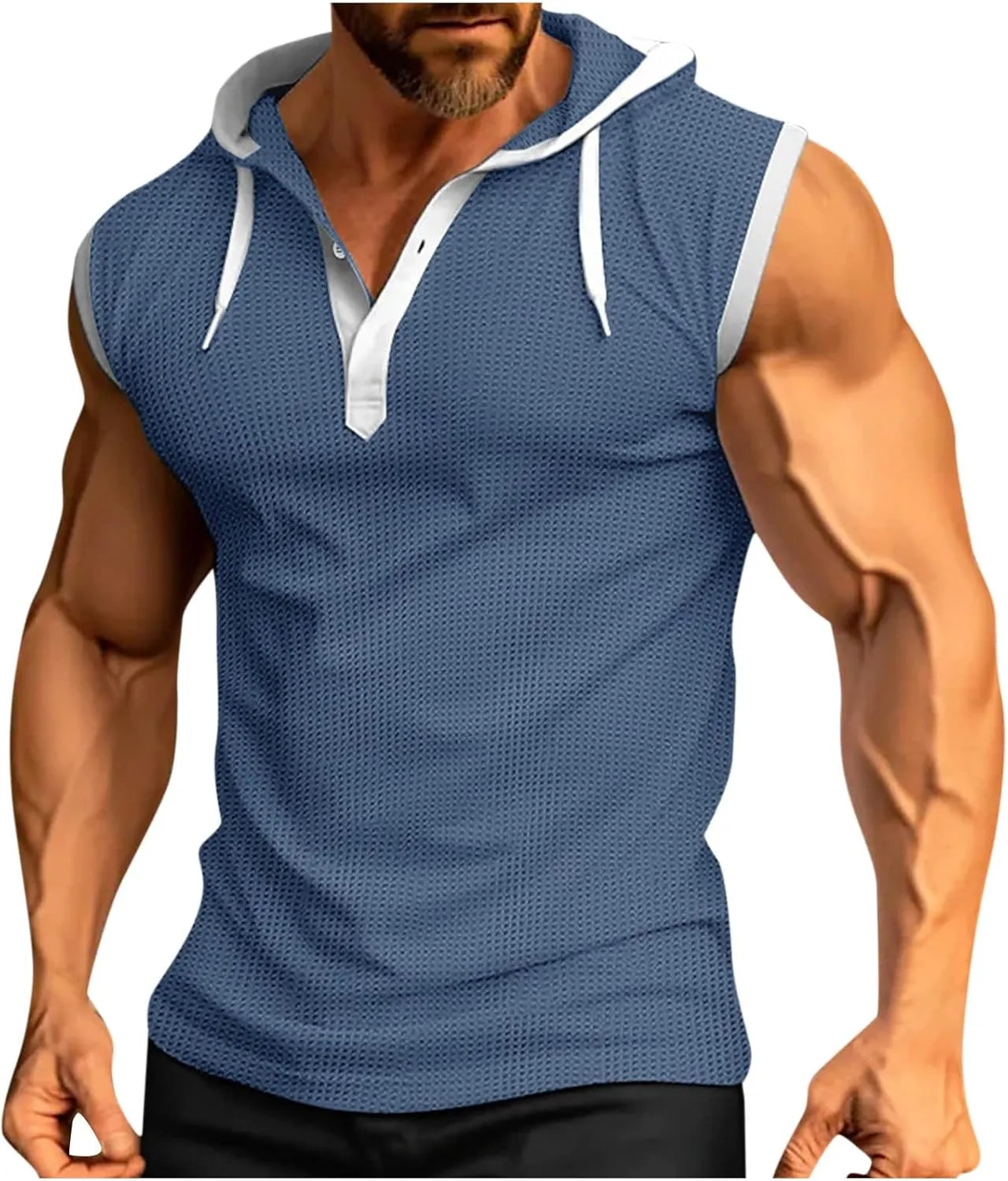 Sleeveless Waffle Knit T-Shirt for Men Trendy Workout Hooded Tank Tops Summer Fitness Button Hoodie Active Basic Tees