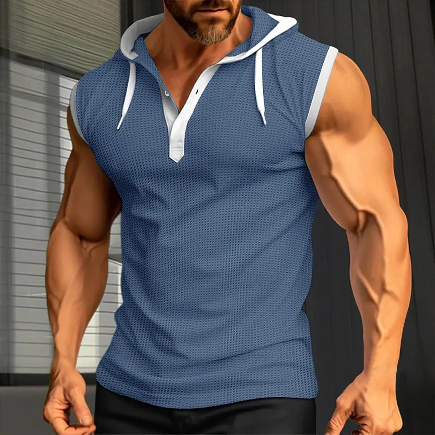 Sleeveless Waffle Knit T-Shirt for Men Trendy Workout Hooded Tank Tops Summer Fitness Button Hoodie Active Basic Tees