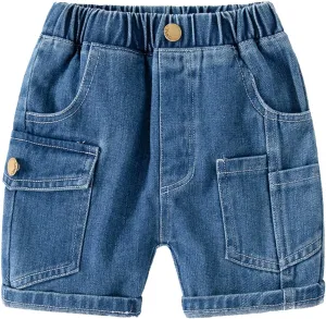 Solid Color Cargo Denim Shorts for Toddler Girls Boys Kids Elastic Waist Chambray Jeans Shorts Pants Daily Clothes