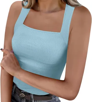 Square Neck Sleeveless Tops for Women Summer Yoga Gym Tank Top Rib Knit Slim Workout Shirts 2025 Trendy Outfits