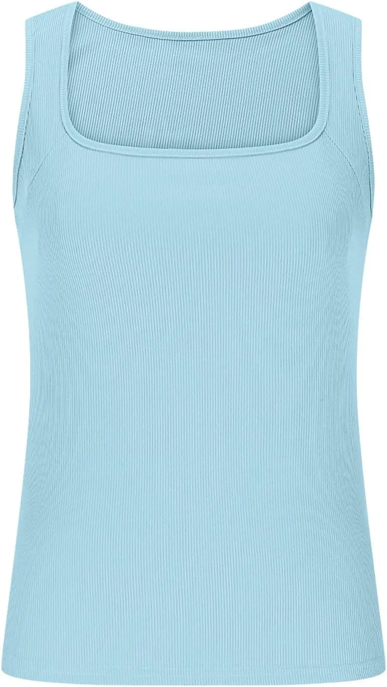 Square Neck Sleeveless Tops for Women Summer Yoga Gym Tank Top Rib Knit Slim Workout Shirts 2025 Trendy Outfits