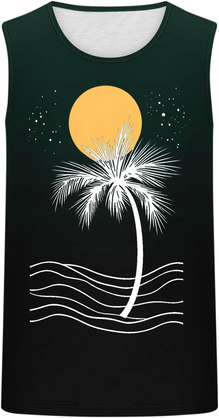 Stylish Palm Tank Tops Men's Vintage Shirts Sleeveless Summer Vacation Pullover Basic Tees Casual Workout Gym T-Shirt