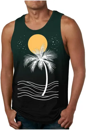 Stylish Palm Tank Tops Men's Vintage Shirts Sleeveless Summer Vacation Pullover Basic Tees Casual Workout Gym T-Shirt