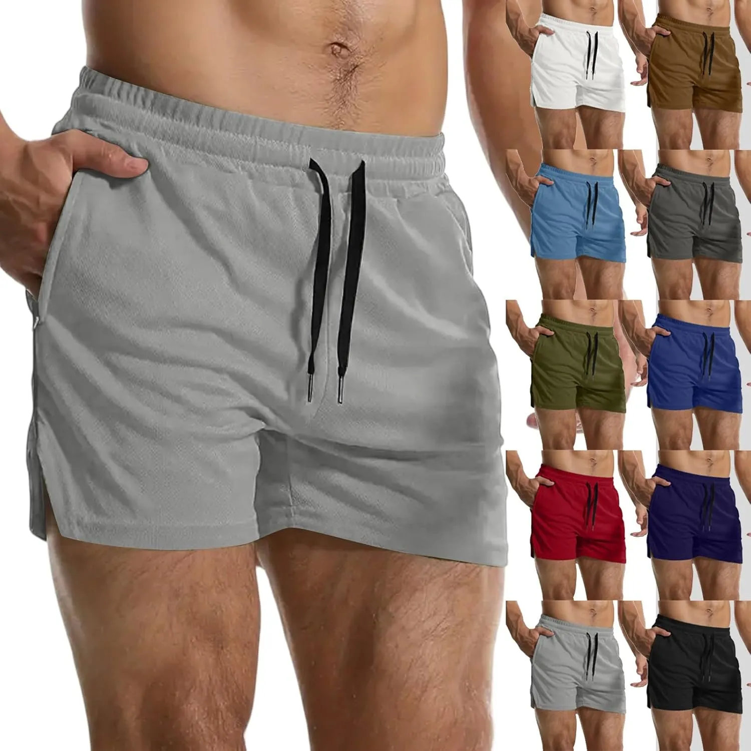 Summer Gym Shorts Men Stretchy Quick-Dry Breathable Athletic Shorts Comfy Mesh Side Slit Running Pants with Pockets