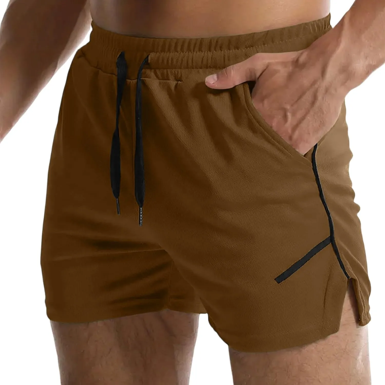 Summer Gym Shorts Men Stretchy Quick-Dry Breathable Athletic Shorts Comfy Mesh Side Slit Running Pants with Pockets