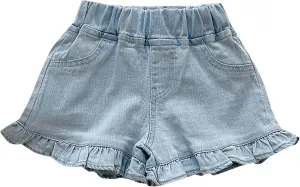 Toddler Girls Kids Summer Denim Shorts Little Baby Cute Solid Color Elastic Waistband Ruffle Jean Shorts with Pockets