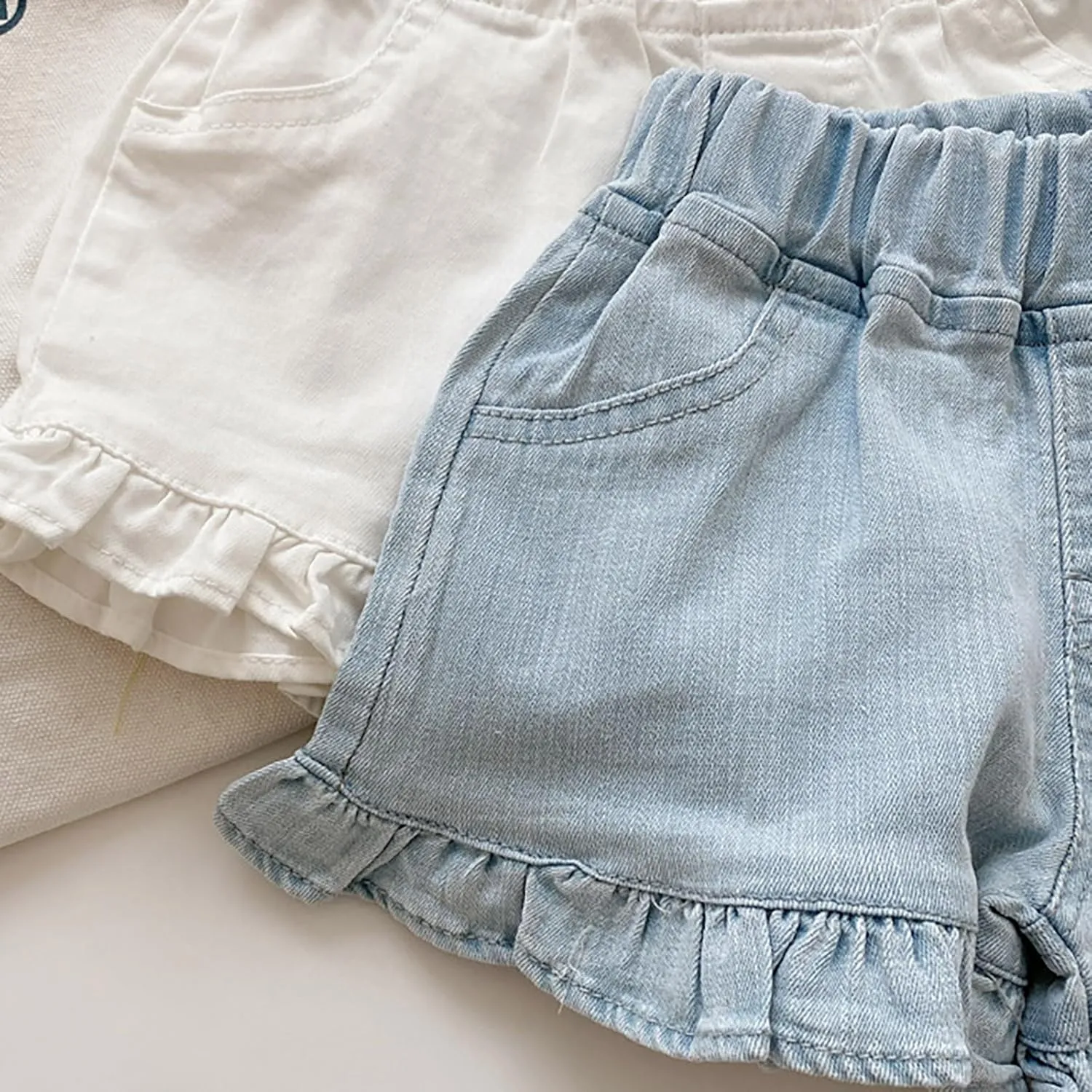 Toddler Girls Kids Summer Denim Shorts Little Baby Cute Solid Color Elastic Waistband Ruffle Jean Shorts with Pockets