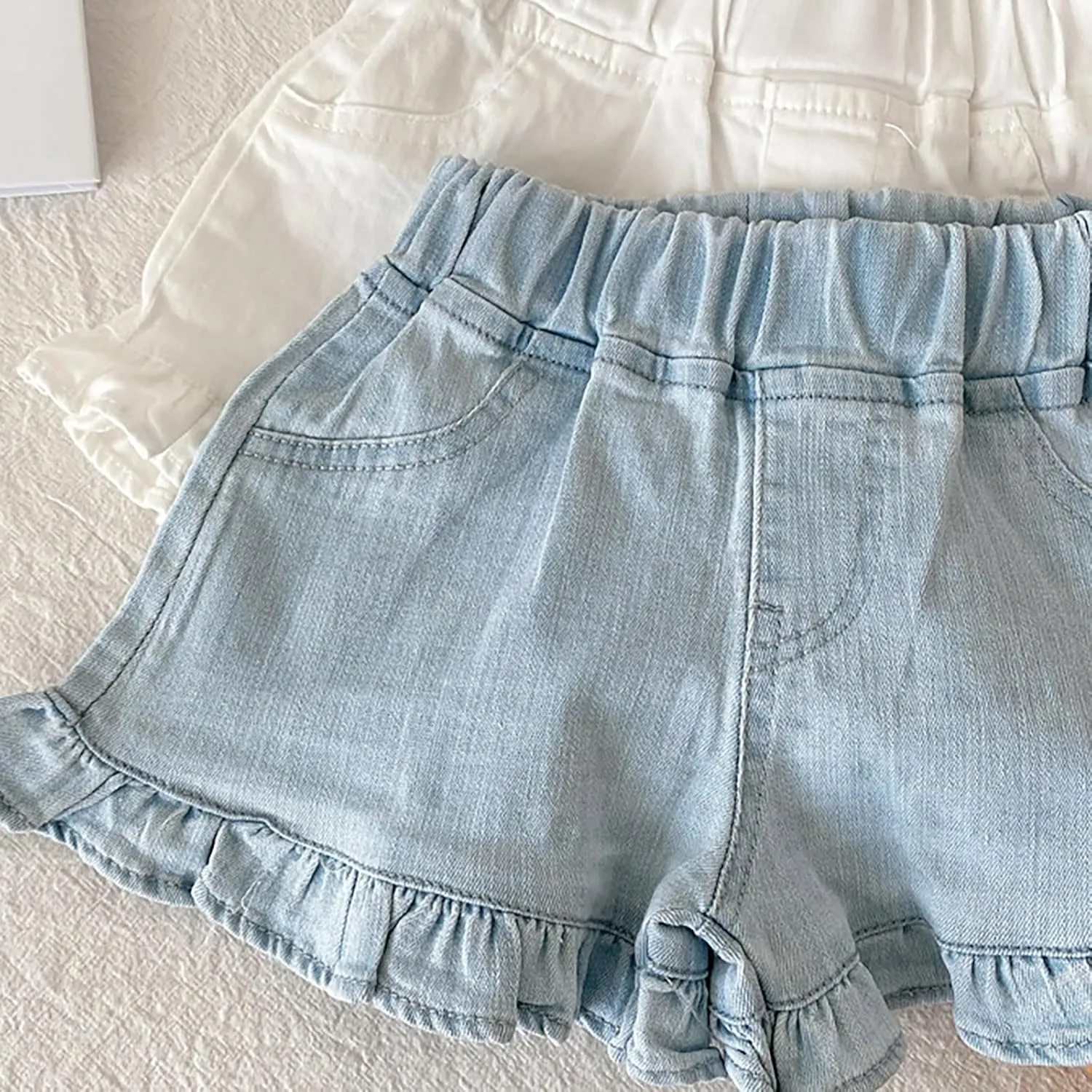 Toddler Girls Kids Summer Denim Shorts Little Baby Cute Solid Color Elastic Waistband Ruffle Jean Shorts with Pockets
