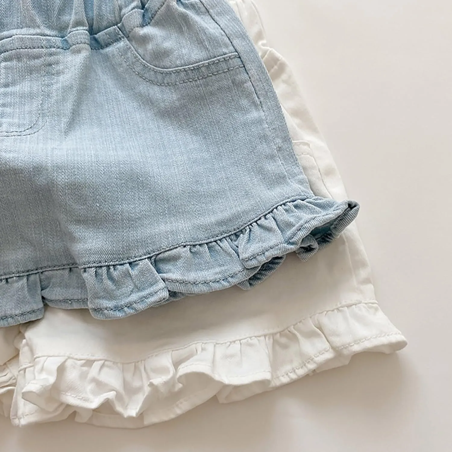 Toddler Girls Kids Summer Denim Shorts Little Baby Cute Solid Color Elastic Waistband Ruffle Jean Shorts with Pockets
