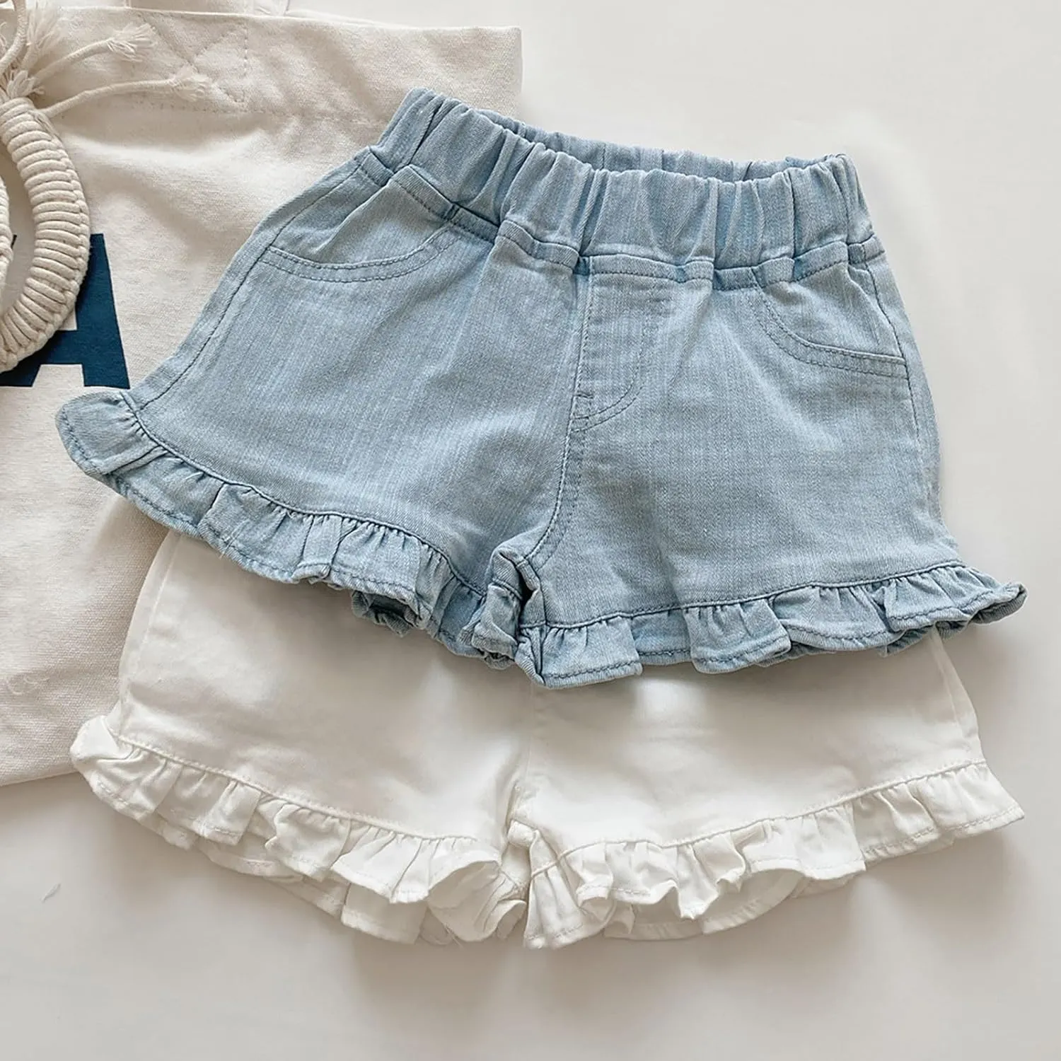 Toddler Girls Kids Summer Denim Shorts Little Baby Cute Solid Color Elastic Waistband Ruffle Jean Shorts with Pockets