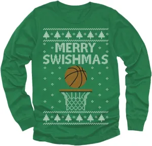 Tstars Merry Swishmas Boys Ugly Christmas Sweater Style Basketball Xmas Holiday Youth Kids Long Sleeve T-Shirt