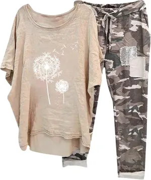 Two Piece Summer Outfits for Women Casual Cotton Linen Sets Oversized T Shirts Camo Capri Pants 2025 Lounge Wear