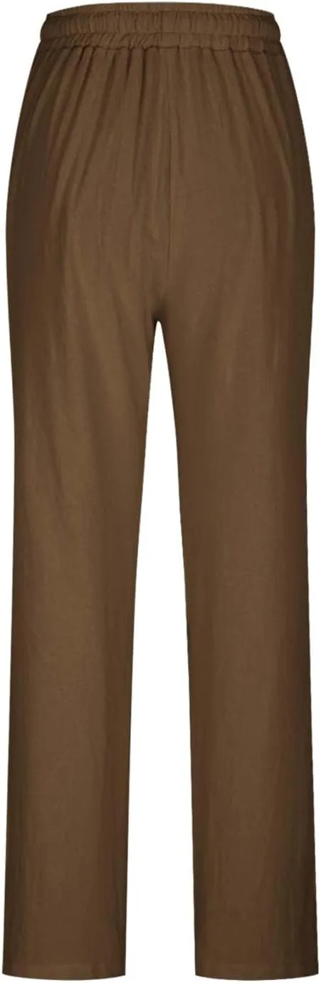 Wide Leg Pants for Women Cotton Linen Drawstring Long Trousers Elastic Waist Solid Color Baggy Pants Leisure