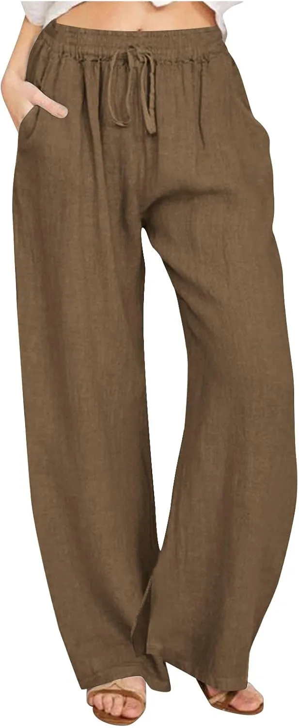 Wide Leg Pants for Women Cotton Linen Drawstring Long Trousers Elastic Waist Solid Color Baggy Pants Leisure