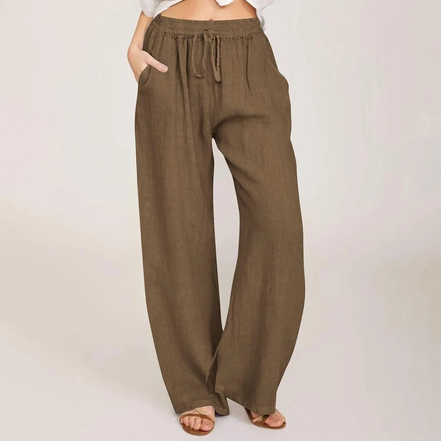 Wide Leg Pants for Women Cotton Linen Drawstring Long Trousers Elastic Waist Solid Color Baggy Pants Leisure