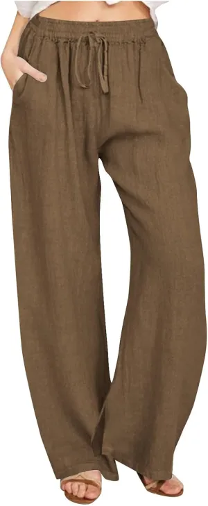 Wide Leg Pants for Women Cotton Linen Drawstring Long Trousers Elastic Waist Solid Color Baggy Pants Leisure