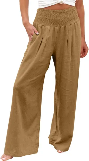 Wide Leg Trousers Women High Waist Straight Cotton Linen Pants Solid Color Elastic Waist Casual Pants Trousers