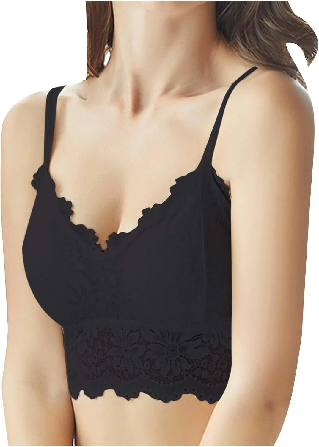 Women Lace Camisole with Built in Bra Sleeveless Scalloped Trim Padded Bralette Sexy V-Neck Undershirt Crop Tank Tops
