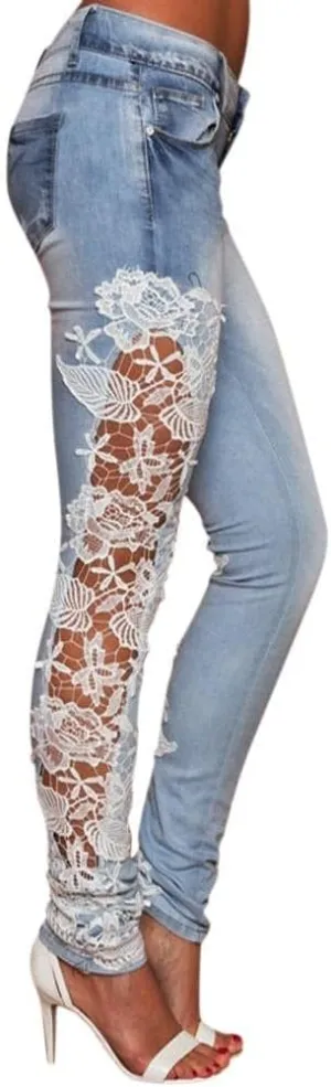Women's Casual Retro Jeans High Waisted Trousers Slim-fit Lace Cutout Stretchy Denim Pants Vintage Fit Elastic Paddy Activewear Relaxed Strecth Exercise Skinny sweatpants piece sets G14-White
