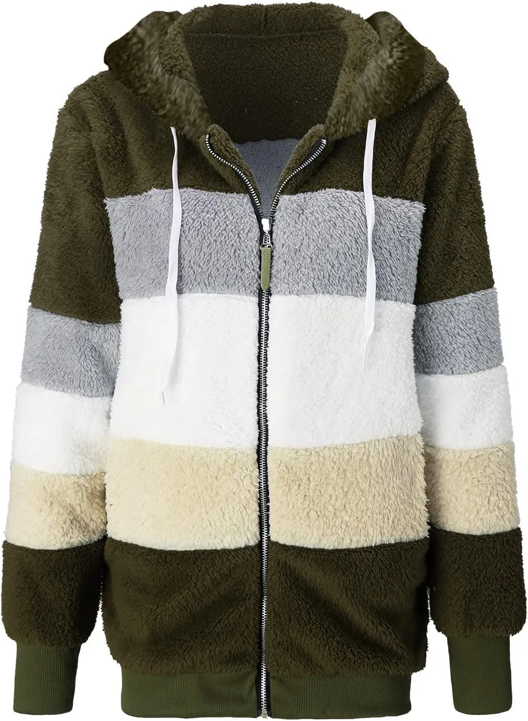 Womens Fuzzy Fleece Jacket Solid Color Artificial Wool Zipper Drawstring Long-Sleeved Hoodie Outerwear with Ladies