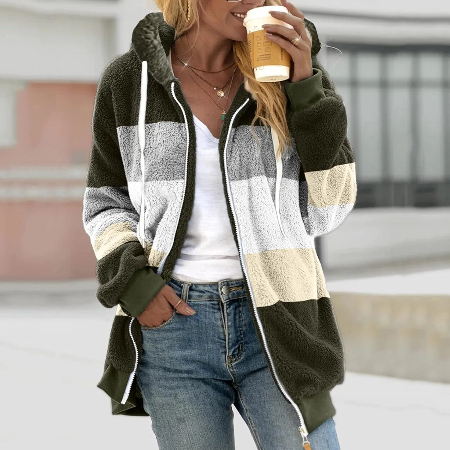 Womens Fuzzy Fleece Jacket Solid Color Artificial Wool Zipper Drawstring Long-Sleeved Hoodie Outerwear with Ladies