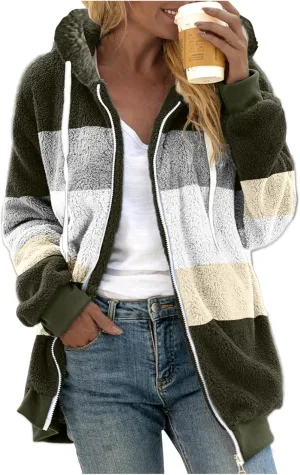 Womens Fuzzy Fleece Jacket Solid Color Artificial Wool Zipper Drawstring Long-Sleeved Hoodie Outerwear with Ladies