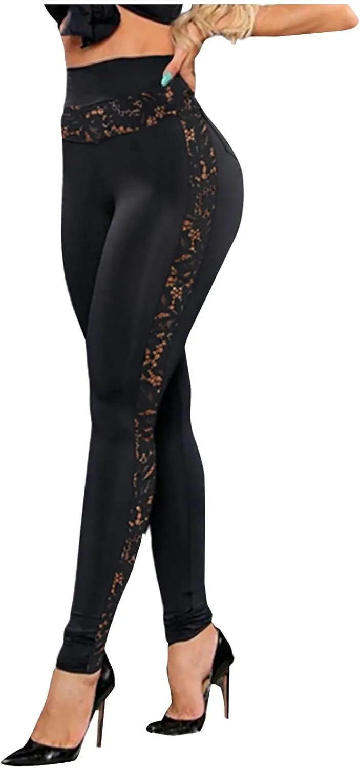 Women's Gothic Sexy Lace Leggings High Waist Club Casual Skinny Tight Pants Soft Elastic Biker Full Length Leggings
