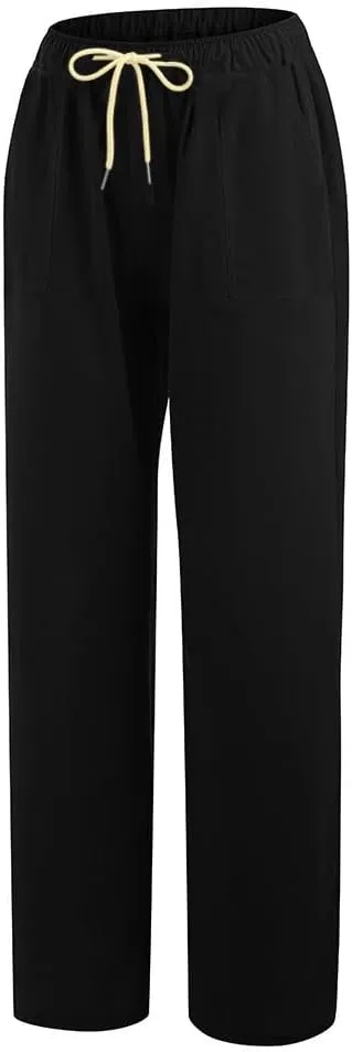 Womens Low-Rise Flowy Linen Pants Summer Beach Relax Fit Sweatpants Aesthetic Drawstring Bootcut Trousers with Pockets