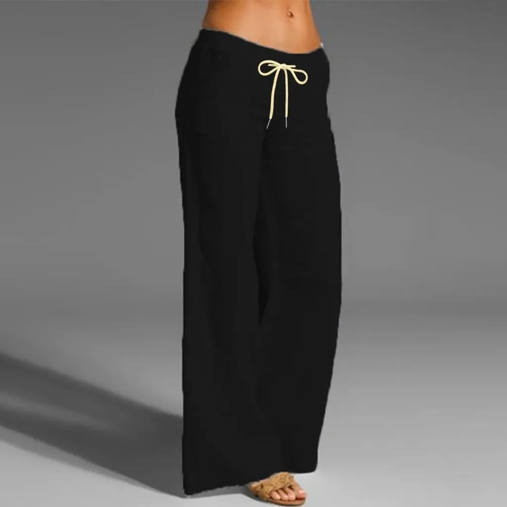 Womens Low-Rise Flowy Linen Pants Summer Beach Relax Fit Sweatpants Aesthetic Drawstring Bootcut Trousers with Pockets