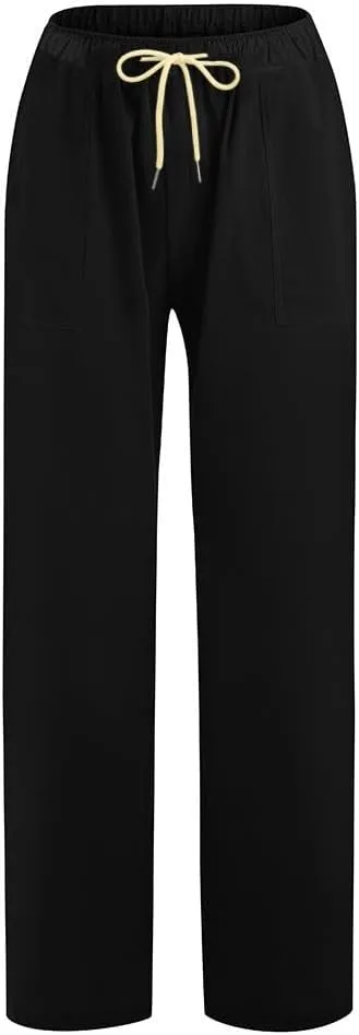 Womens Low-Rise Flowy Linen Pants Summer Beach Relax Fit Sweatpants Aesthetic Drawstring Bootcut Trousers with Pockets