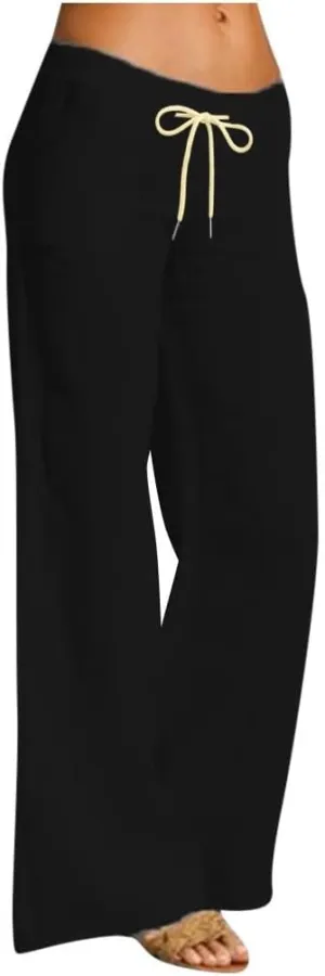 Womens Low-Rise Flowy Linen Pants Summer Beach Relax Fit Sweatpants Aesthetic Drawstring Bootcut Trousers with Pockets