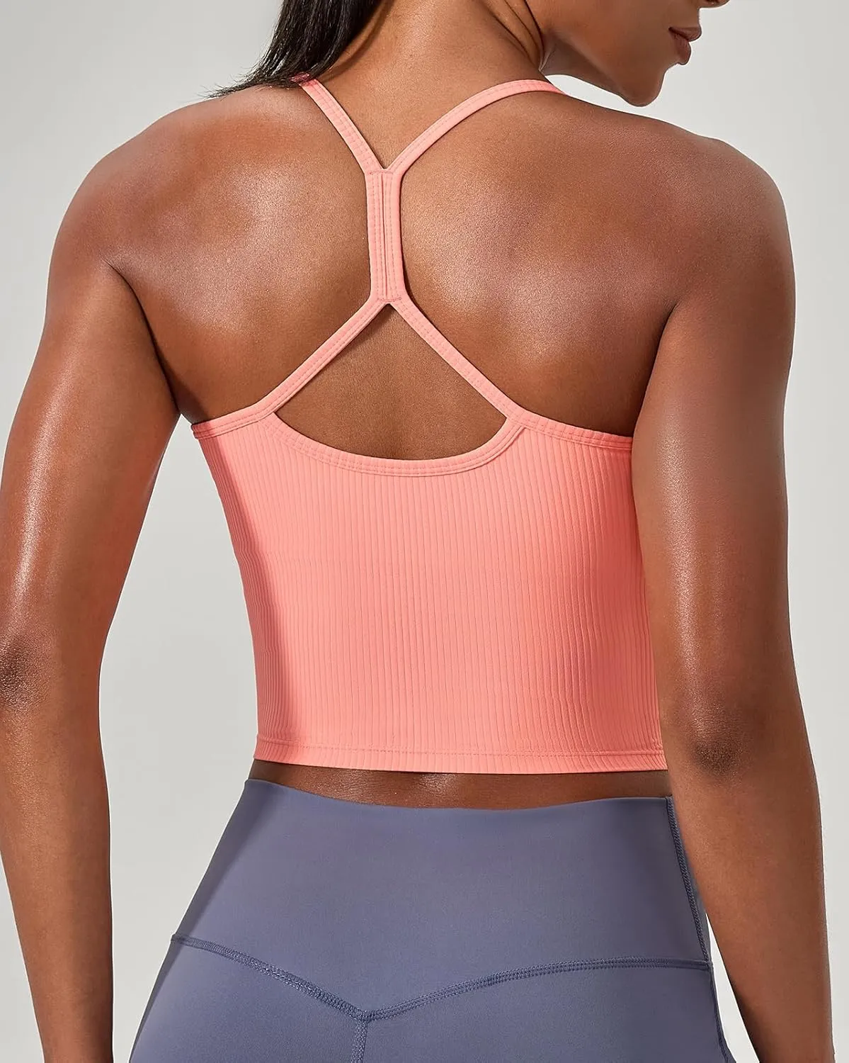 Women's Ribbed Workout Crop Tops with Built in Bra Yoga Racerback Tank Top Comfort Camisole for Fitness Gym Running