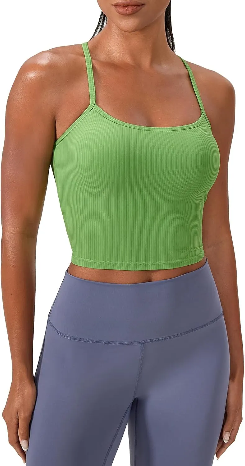 Women's Ribbed Workout Crop Tops with Built in Bra Yoga Racerback Tank Top Comfort Camisole for Fitness Gym Running