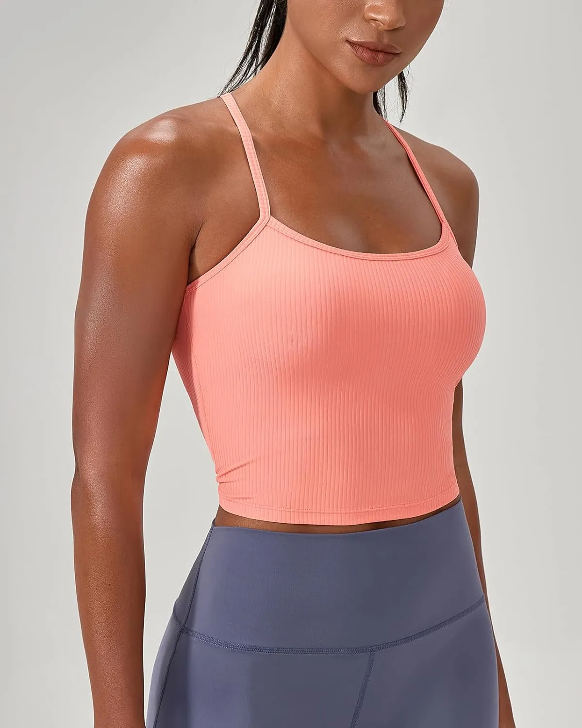 Women's Ribbed Workout Crop Tops with Built in Bra Yoga Racerback Tank Top Comfort Camisole for Fitness Gym Running