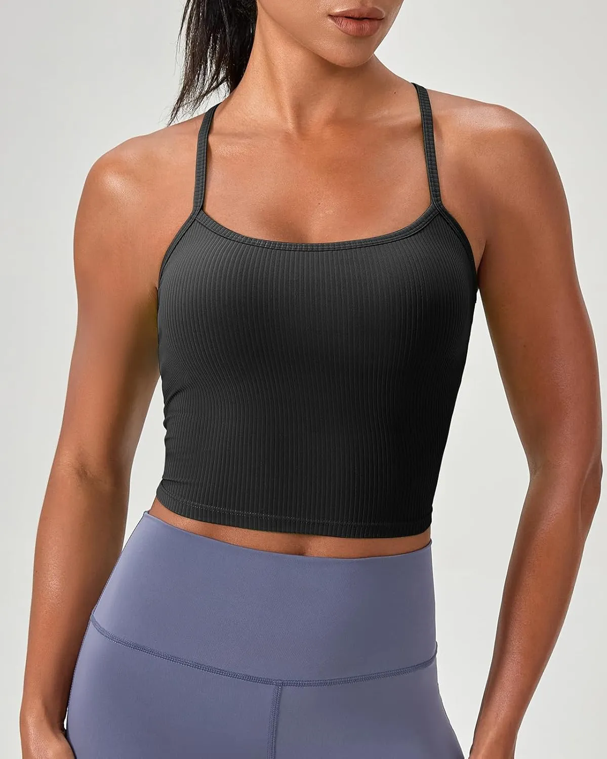 Women's Ribbed Workout Crop Tops with Built in Bra Yoga Racerback Tank Top Comfort Camisole for Fitness Gym Running