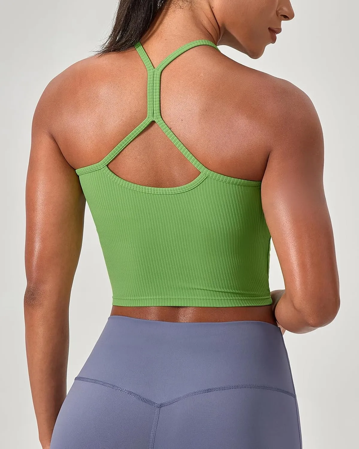Women's Ribbed Workout Crop Tops with Built in Bra Yoga Racerback Tank Top Comfort Camisole for Fitness Gym Running