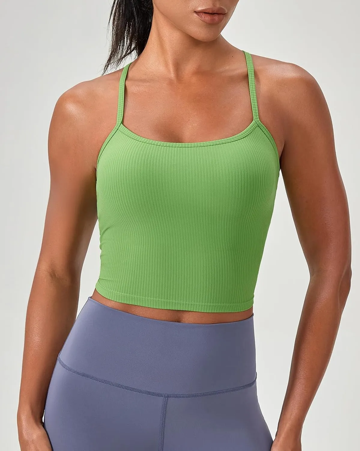 Women's Ribbed Workout Crop Tops with Built in Bra Yoga Racerback Tank Top Comfort Camisole for Fitness Gym Running