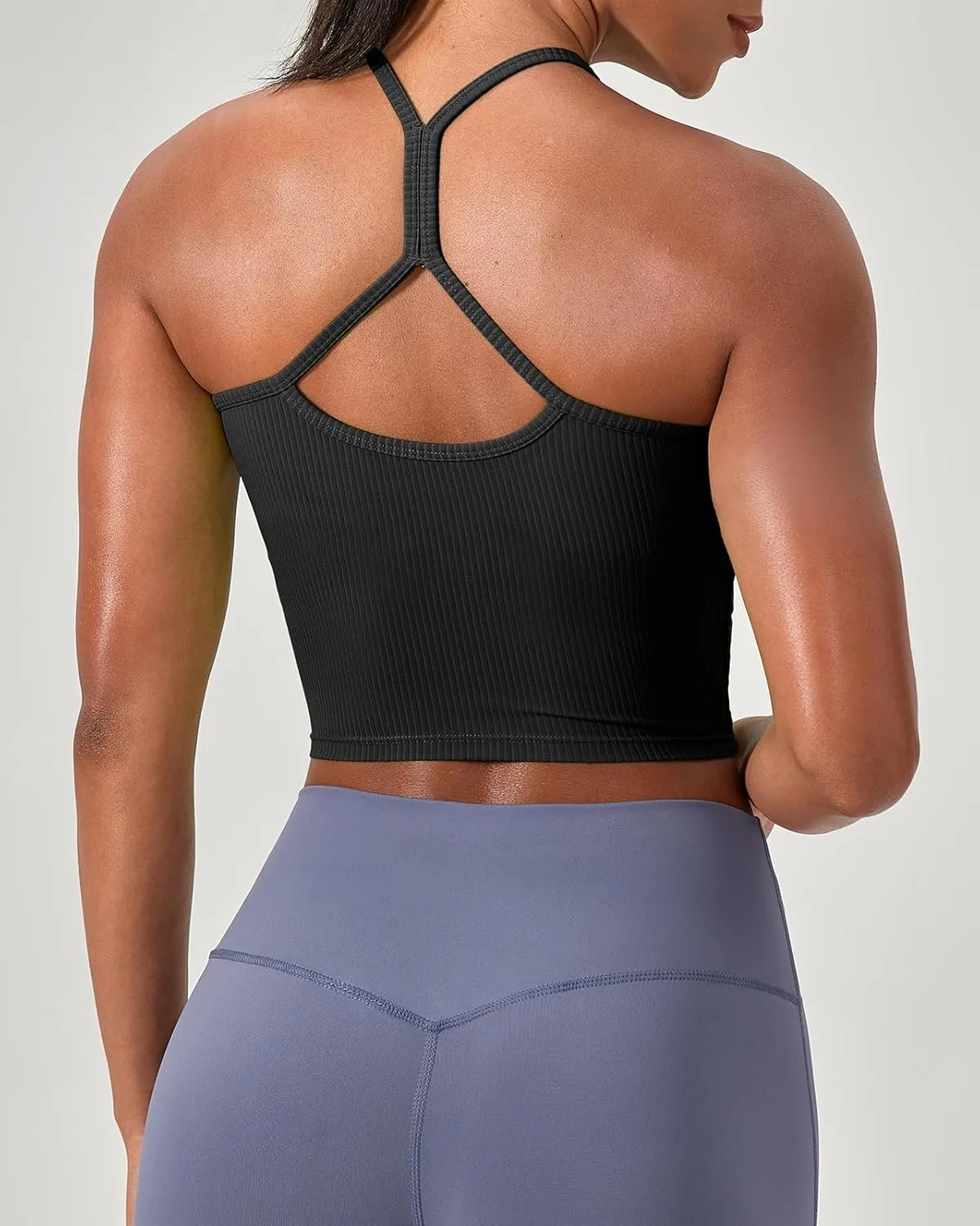 Women's Ribbed Workout Crop Tops with Built in Bra Yoga Racerback Tank Top Comfort Camisole for Fitness Gym Running